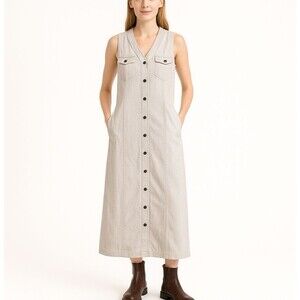Vintage 90's Minimalist Linen Long Button Front Dress Natural Beige Sz 9 / 10
